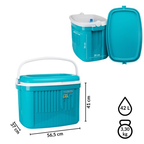 Lodówka turystyczna 42L ICEBERG na wkłady mrożące, turkusowa z białą rączką Lodówka turystyczna 42L ICEBERG na wkłady mrożące, turkusowa z białą rączką