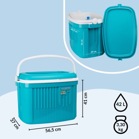 Lodówka turystyczna 42L ICEBERG na wkłady mrożące, turkusowa z białą rączką Lodówka turystyczna 42L ICEBERG na wkłady mrożące, turkusowa z białą rączką