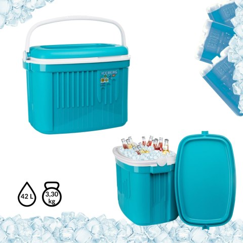 Lodówka turystyczna 42L ICEBERG na wkłady mrożące, turkusowa z białą rączką Lodówka turystyczna 42L ICEBERG na wkłady mrożące, turkusowa z białą rączką