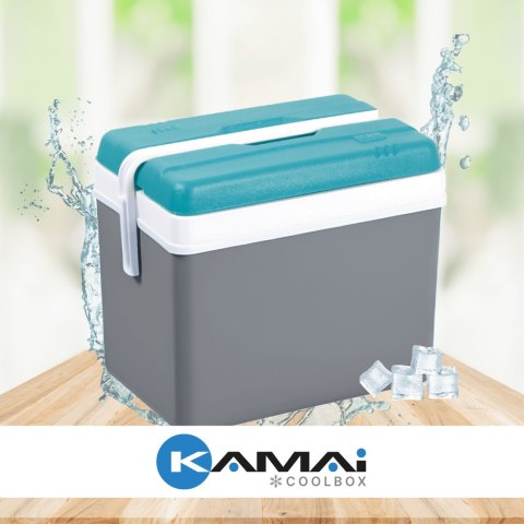 Lodówka turystyczna 35L KAMAI EDA na wkłady mrożące, szara z białą rączką i niebieską pokrywą